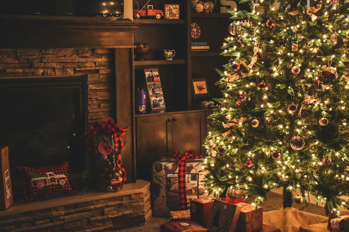 christmas tree and fireplace